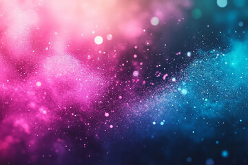 Fototapeta premium A dreamy, colorful abstract background resembling glowing cosmic dust. The delicate particles shimmer in neon pink, cool indigo, and bright cyan, forming a celestial, ethereal, and galactic-inspired