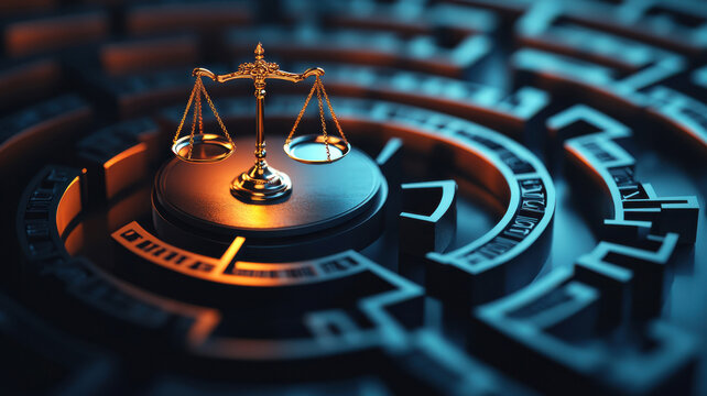 Golden scales of justice on labyrinth with a blue background and a target symbol representing success achievement  law and balance