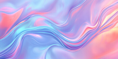 Fototapeta premium A dreamy, colorful abstract background with smooth, iridescent liquid waves. The flowing patterns in pastel turquoise, neon coral, and radiant purple create a soft, futuristic, and visually