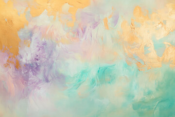 Fototapeta premium A dreamy, colorful abstract background featuring iridescent reflections on a glassy surface. The soft, shifting colors in pastel mint, lavender blush, and golden cream create a peaceful, luxurious,