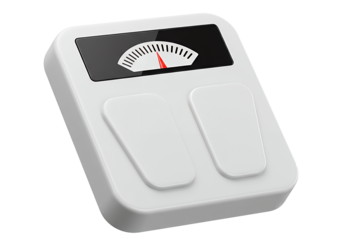 White 3D analog bathroom scale with black display and red pointer for weight measurement