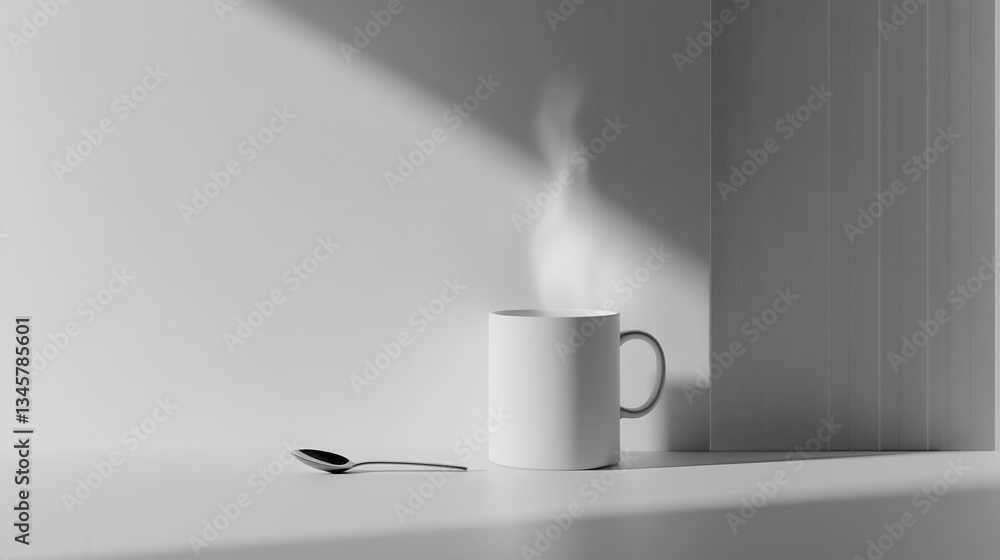 Poster minimalist design of a white mug with steam and spoon captured in soft natural light on a simple sur