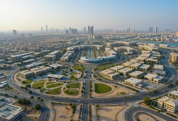Aerial view of Dubai Silicon Oasis with tall buildings and residential areas
