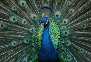 Obraz premium A close-up of a male peacock showing off its colorful feathers