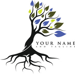 green spring tree with female face and roots on white background, vector, Abstract Human tree logo. Unique Tree Vector illustration with circle and abstract woman shape.	