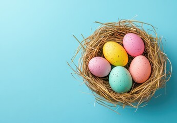 Obraz premium Colorful Easter Eggs in a Nest on a Bright Blue Background for Spring Holiday Celebrations and Festivities