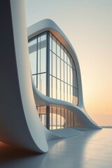 Modern architectural design showcasing a stunning building with a smooth exterior and large glass panels illuminated by sunset hues