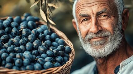 Farmer examines olives in wicker basket among summer olive garden foliage