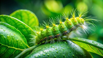 Naklejka premium Vibrant Lime Green Hairy Caterpillar on Fresh Lime Leaves, Close-Up Macro Food Photography