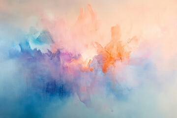 A radiant, colorful abstract background with ethereal, softly blended watercolor textures. The delicate transitions in pastel blue, warm peach, and glowing lilac create a soothing, artistic, and