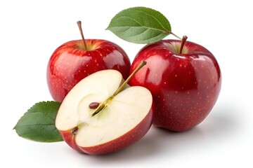 Fresh Red Apples with Glossy Skin and Sliced Interior on White Background