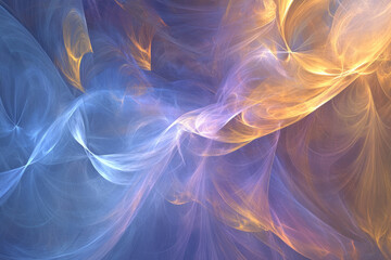 Fototapeta premium A dynamic, colorful abstract background featuring shifting, iridescent waves. The smooth, flowing light ripples in deep blue, golden amber, and soft lilac create a dreamlike, elegant, and futuristic