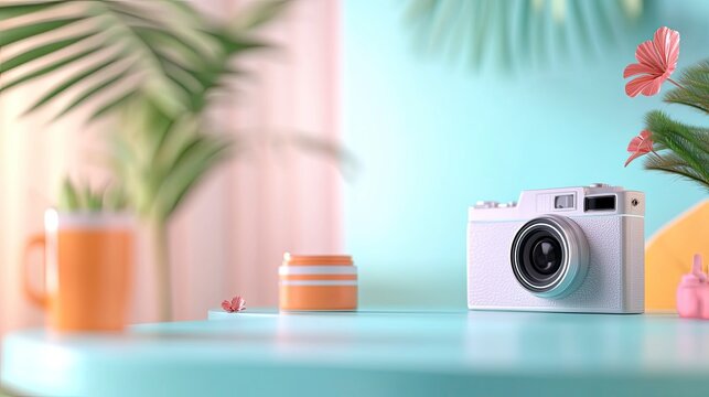 Pastel camera on a teal table with tropical plants and orange mugs in a bright room.