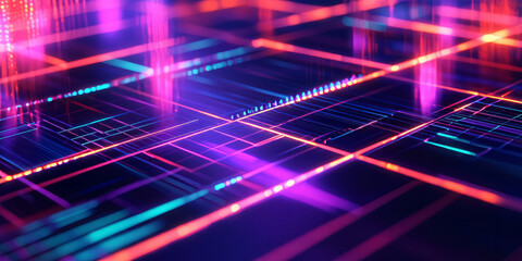 A futuristic, colorful abstract background with floating holographic grids. The glowing geometric patterns in electric cyan, deep purple, and neon orange create a digital, cyber-inspired, and visually