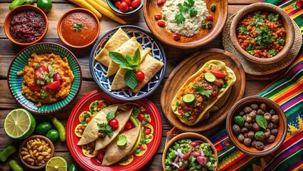 Fototapeta premium Vibrant Mexican Patterned Fiesta Food Photography: Colorful Dishes & Decor
