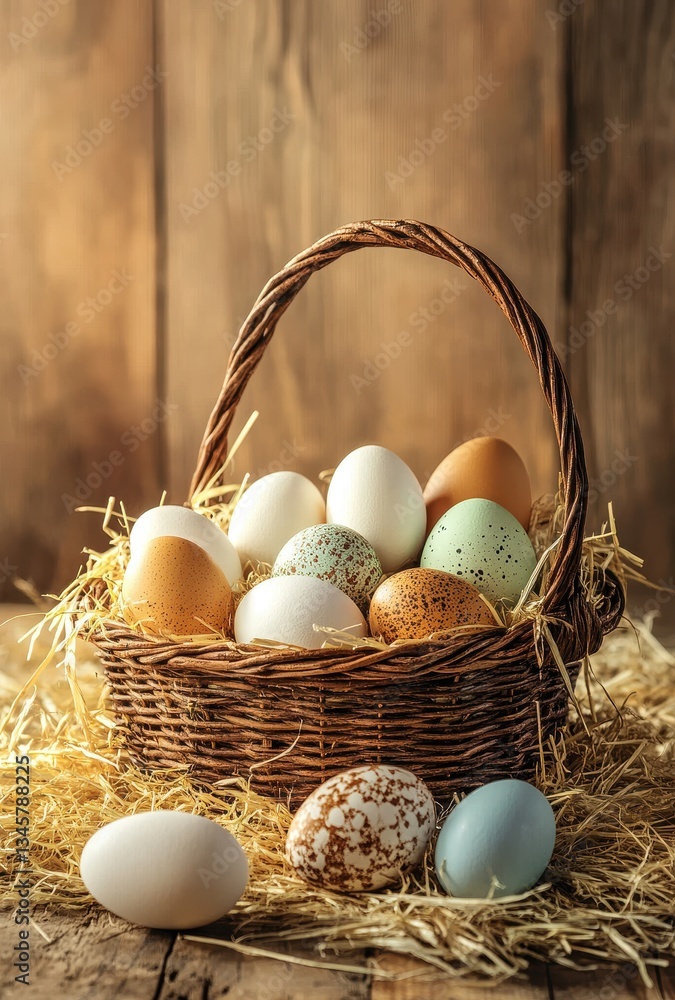 Aufkleber colorful easter eggs in a rustic basket filled with straw on a wooden table creating a warm and invi