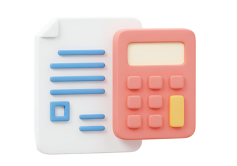 White document with blue lines and checkbox alongside pink calculator with yellow and pink buttons