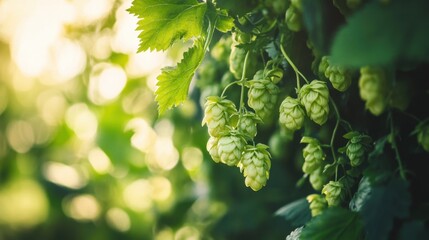 Hops grow lushly in a sustainable brewery setting, showcasing the beauty of locally sourced ingredients and the essence of craft brewing