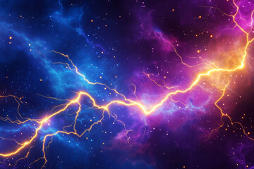 A high-energy, colorful abstract background featuring explosive neon lightning streaks. The dynamic flashes of electric purple, glowing blue, and fiery gold create an intense, dramatic, and powerful