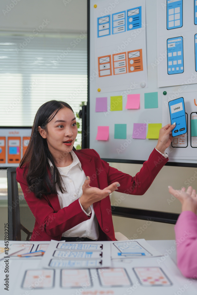 Wall mural web designer presenting new mobile application interface during meeting
