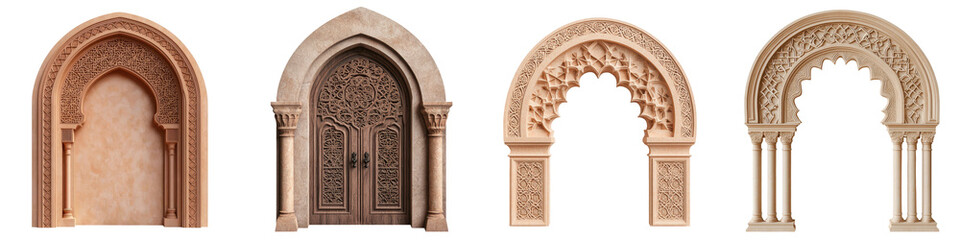 Obraz premium Beautifully detailed and intricate arched doorways with ornate carvings and patterns showcasing the iconic Moorish architectural style