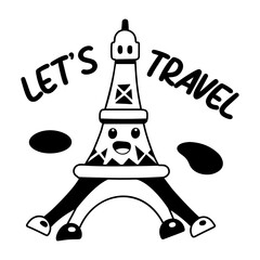 A glyph sticker of eiffel tower with lets travel typography 
