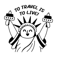 A glyph sticker of a happy liberty statue with text 