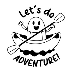 Glyph sticker of a happy mascot kayaking with the text 