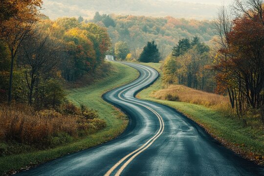 Curving autumn road through colorful trees in serene countryside at dawn