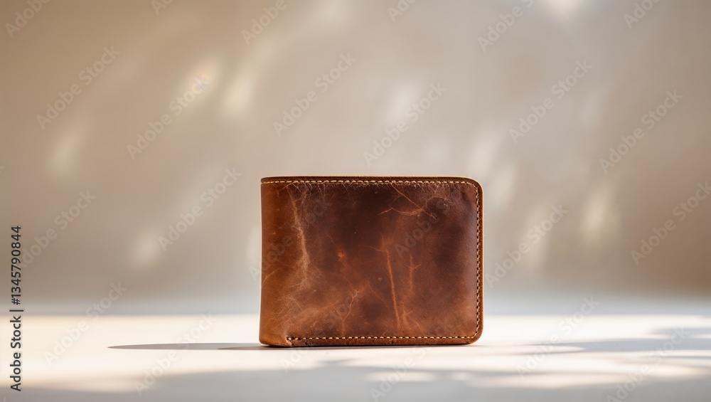 Poster quality leather wallet displayed on a neutral background with soft light highlighting its texture an