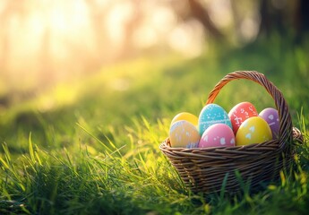 Fototapeta premium Colorful Easter eggs in a wicker basket placed on lush green grass, illuminated by soft sunlight during the spring season, celebrating the holiday spirit