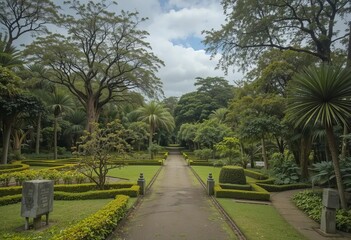 A beautiful English style garden with a perfectly manicured lawn, trees, and hedges in various shades of green