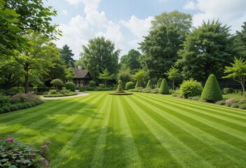 Obraz premium A beautiful English style garden with a perfectly manicured lawn, trees, and hedges in various shades of green