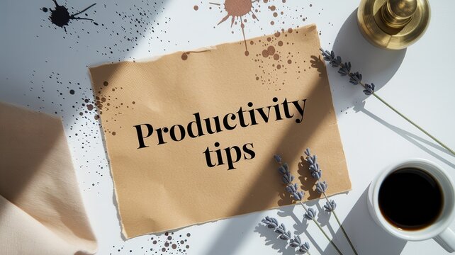 Remote work productivity tips concepts. Productivity tips displayed on a textured background with artistic elements. - Powered by Adobe