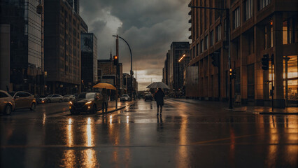 A rain-soaked city skyline with soft reflections on wet streets, umbrellas dotting sidewalks, and mist-covered buildings creating a melancholic yet refreshing urban transformation.