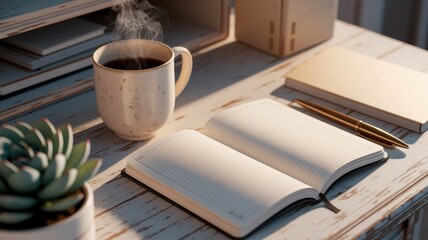 Remote work productivity tips concepts. Cozy workspace with a steaming cup, open notebook, and succulent plant on a rustic desk.