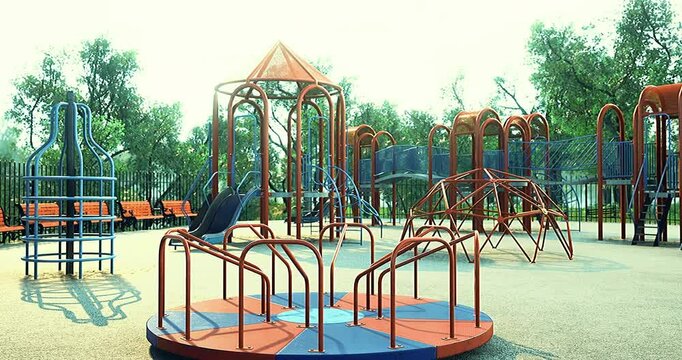 Brightly colored playground equipment invites children for fun activities. The open space is perfect for playtime while surrounded by trees, creating a joyful atmosphere.