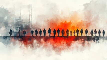 Silhouetted Workers Walking Towards Industrial Structures And Abstract Colors