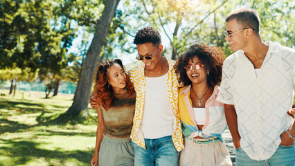 Smile, group and friends walk at park with social gathering, university break and bonding together. Couple of people, talking and embrace with summer vacation, travel and reunion for streetwear style