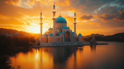 Obraz premium Sunset Mosque Reflection, Lakeside Serenity, Malaysia