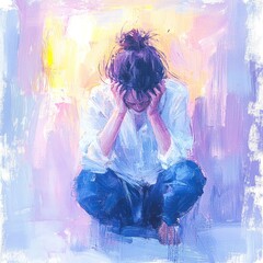 Woman suffering from severe headache at home - watercolor illustration with pastel background