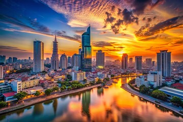 Fototapeta premium Vietnam Skyline: Stunning Panoramic View of Modern & Ancient Architecture at Dusk