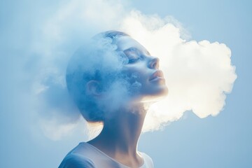 A woman's face merges with ethereal clouds, creating a dreamy, surreal portrait.
