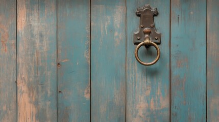 Fototapeta premium Antique Door Knocker on Weathered Teal Wooden Door AI Generated