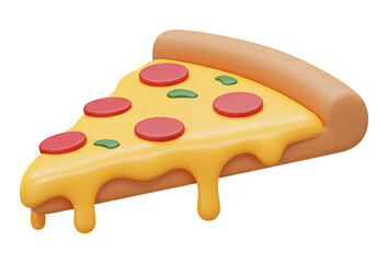 3D Cartoon pizza slice with cheese, pepperoni, and basil leaves for fun food visuals