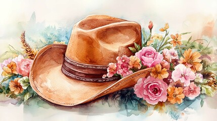 Watercolor cowboy hat with flowers Illustration