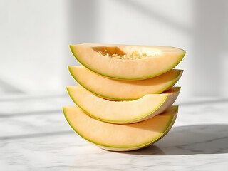 A macro shot of cantaloupe slices stacked beautifully on a marble surface, with a soft natural light casting gentle shadows. The background is minimal 