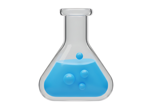 3D Conical laboratory flask containing blue liquid with bubbles, symbolizing scientific experiments