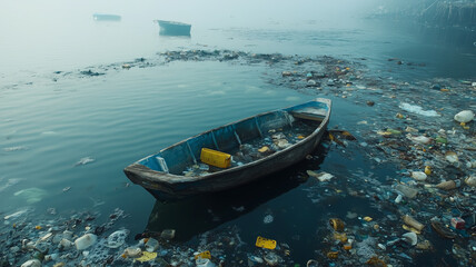 Obraz premium World Water Day water pollution concept abandoned boat dirty river 