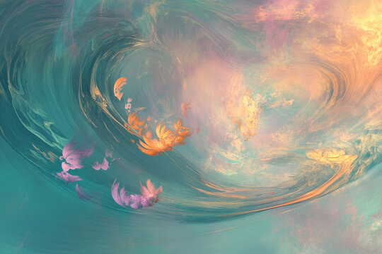 A dreamy, colorful abstract background inspired by oil slick reflections. The swirling, iridescent hues in rich turquoise, soft lavender, and glowing coral create a natural, fluid, and visually